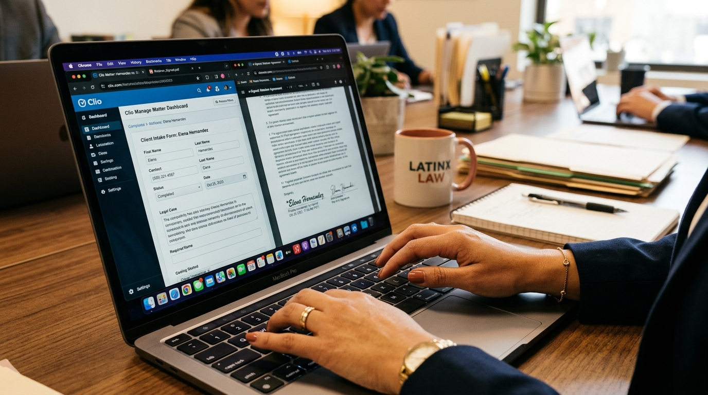 Virtual paralegal opening a new matter in Clio after collecting a signed retainer agreement, nearshore paralegal client intake workflow
