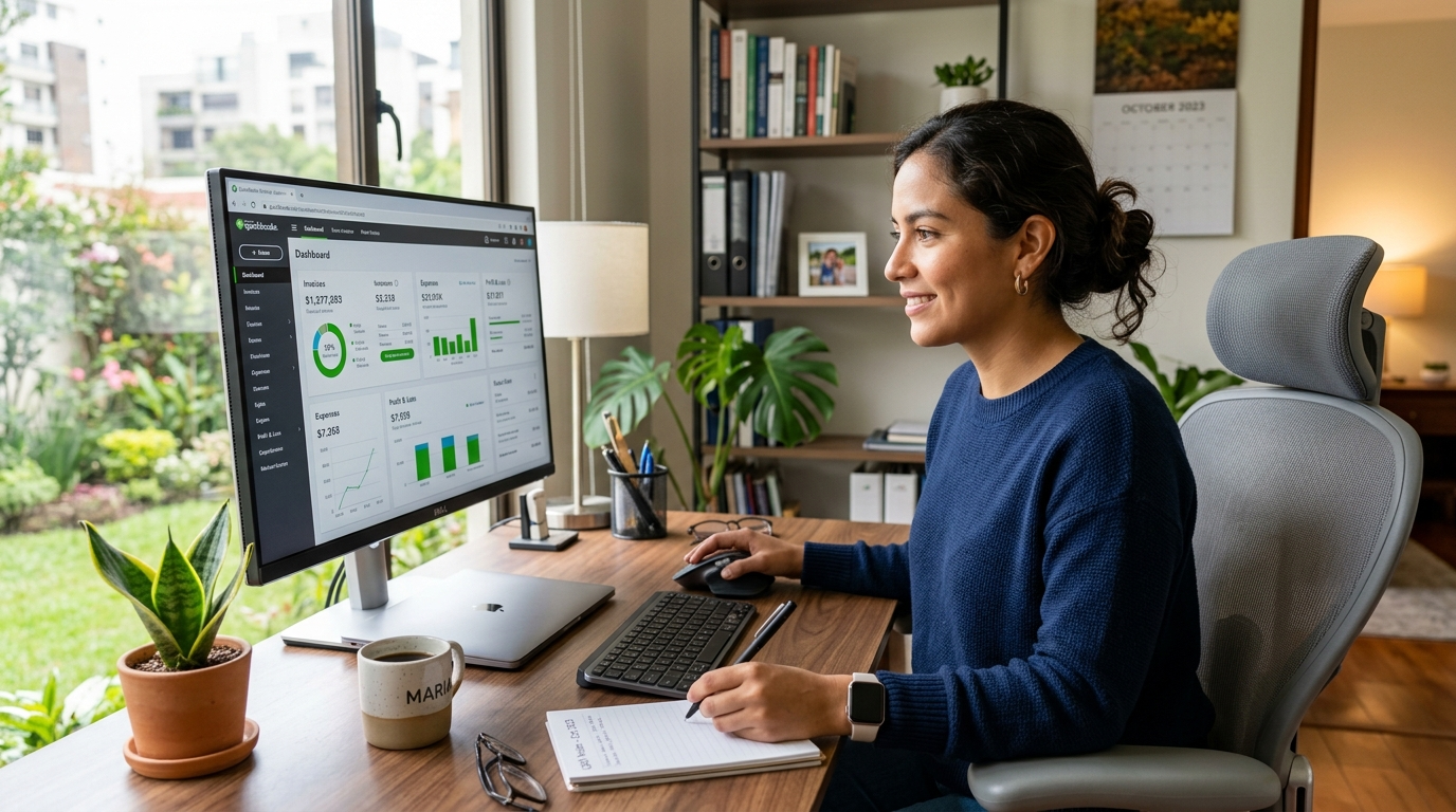 Nearshore virtual bookkeeper reviewing QuickBooks dashboard at a well-lit Latin American home office desk