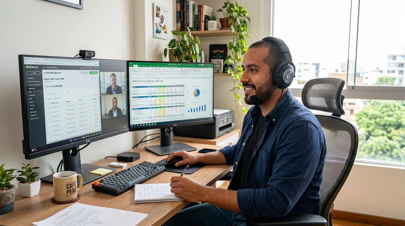 Nearshore virtual bookkeeper on video call with US client reviewing QuickBooks reports on dual monitors
