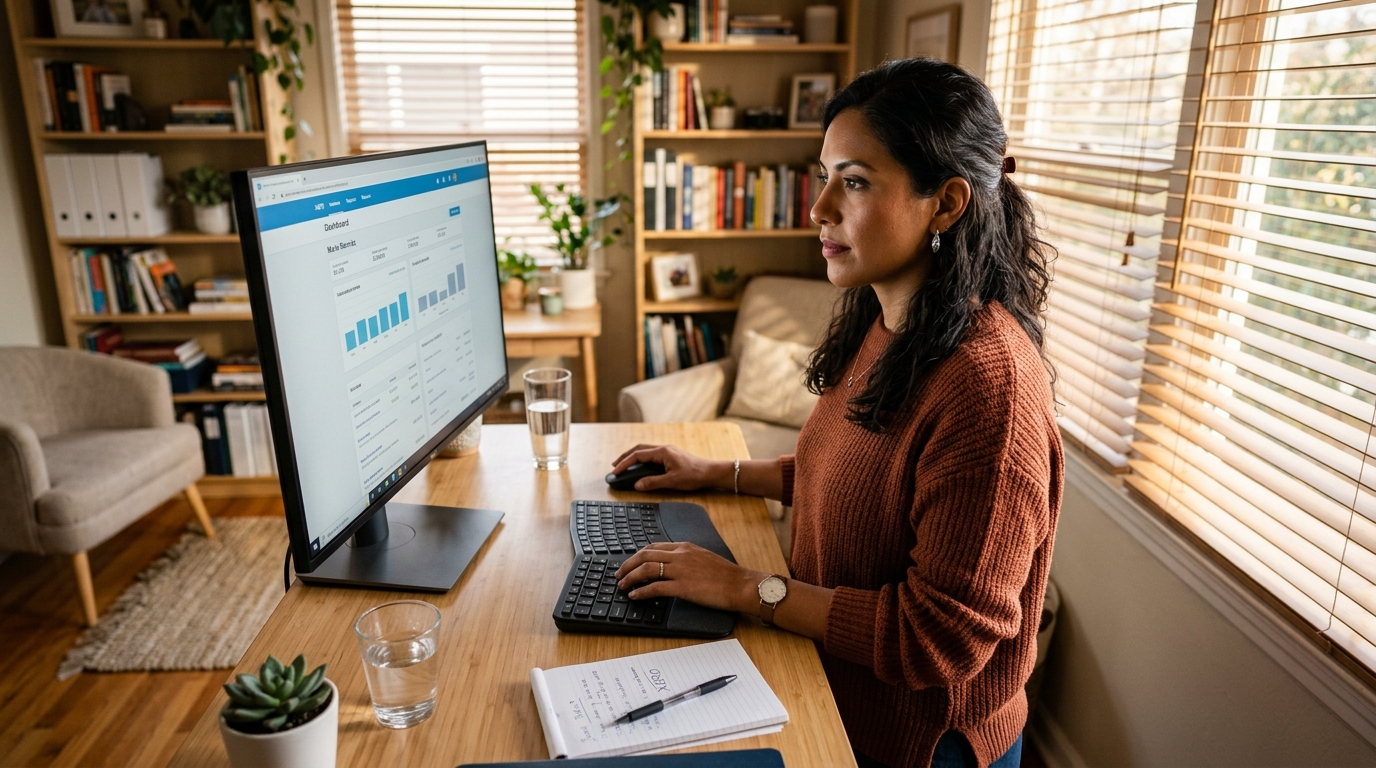 Latin American virtual bookkeeper working on Xero accounting software at a home office standing desk