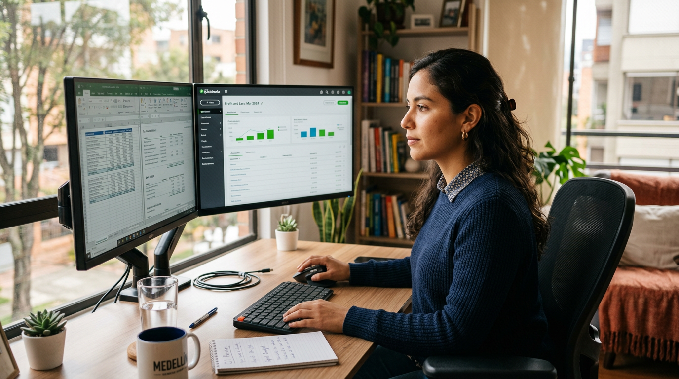 Latin American virtual bookkeeper reviewing QuickBooks dashboard — showing how much a bookkeeper costs vs. in-house hiring in 2026