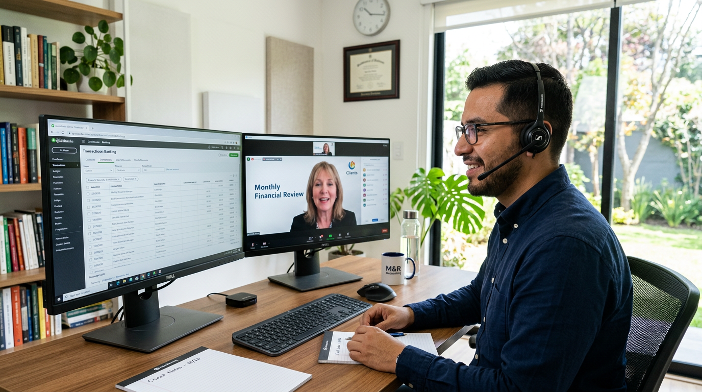 Nearshore virtual bookkeeper on video call with US client reviewing QuickBooks — 2026 bookkeeper cost comparison
