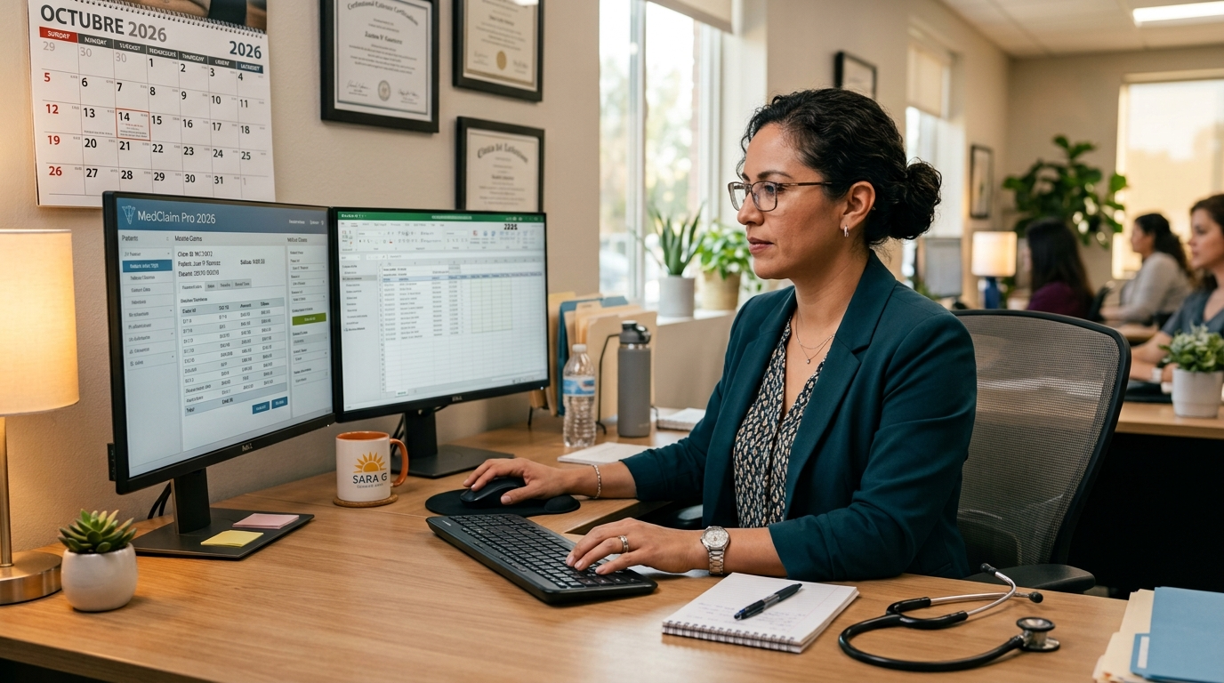 Nearshore medical billing virtual assistant reviewing insurance claims on dual monitors in a modern Latin American home office