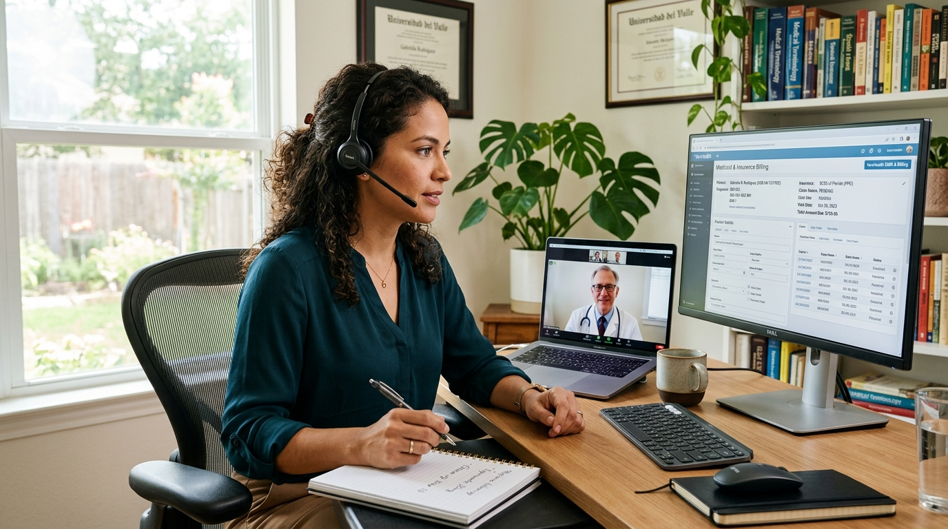 Nearshore medical billing VA on a real-time video call with a US physician reviewing denied insurance claims