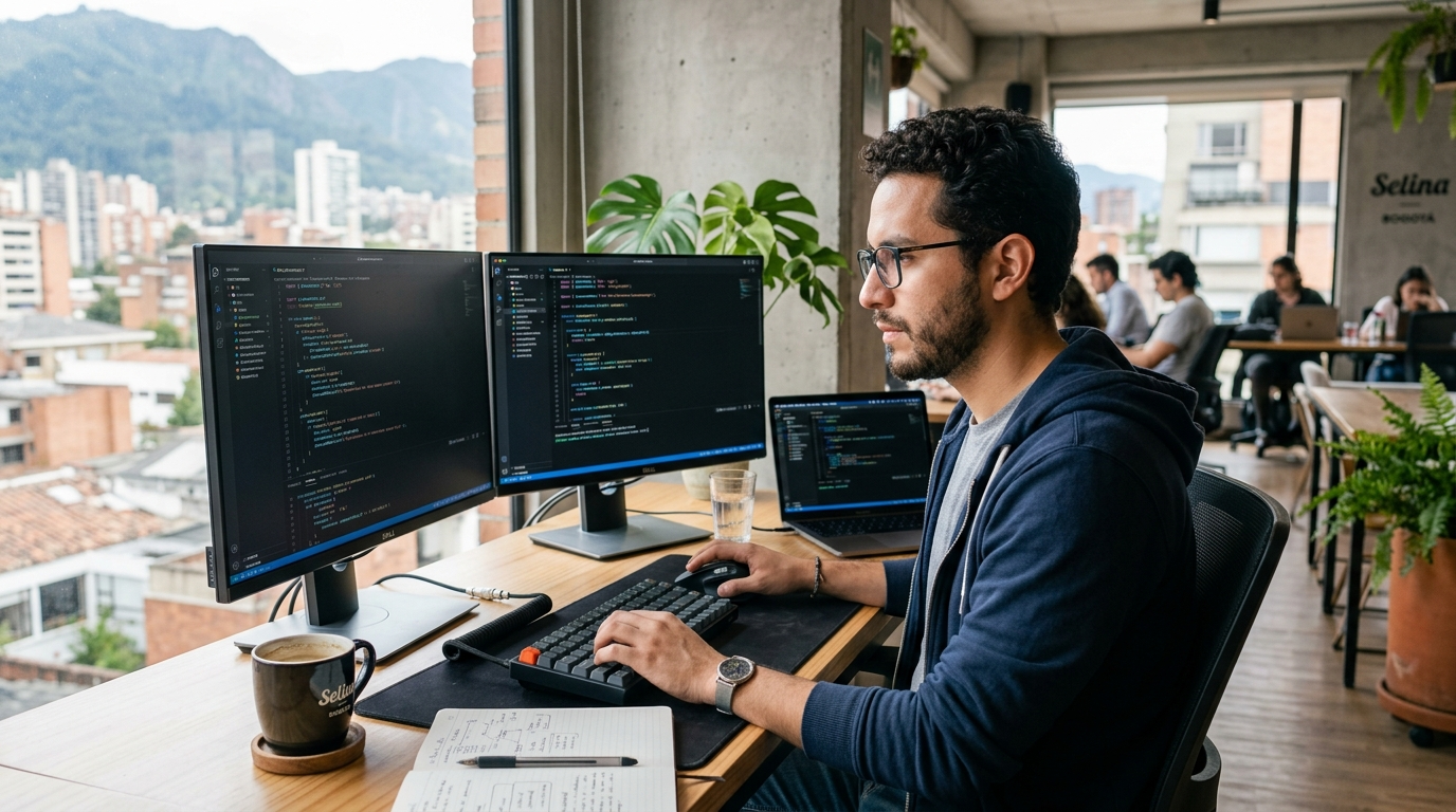 Latin American nearshore software developer working on code at a modern desk, illustrating nearshore software developer cost and value in 2026