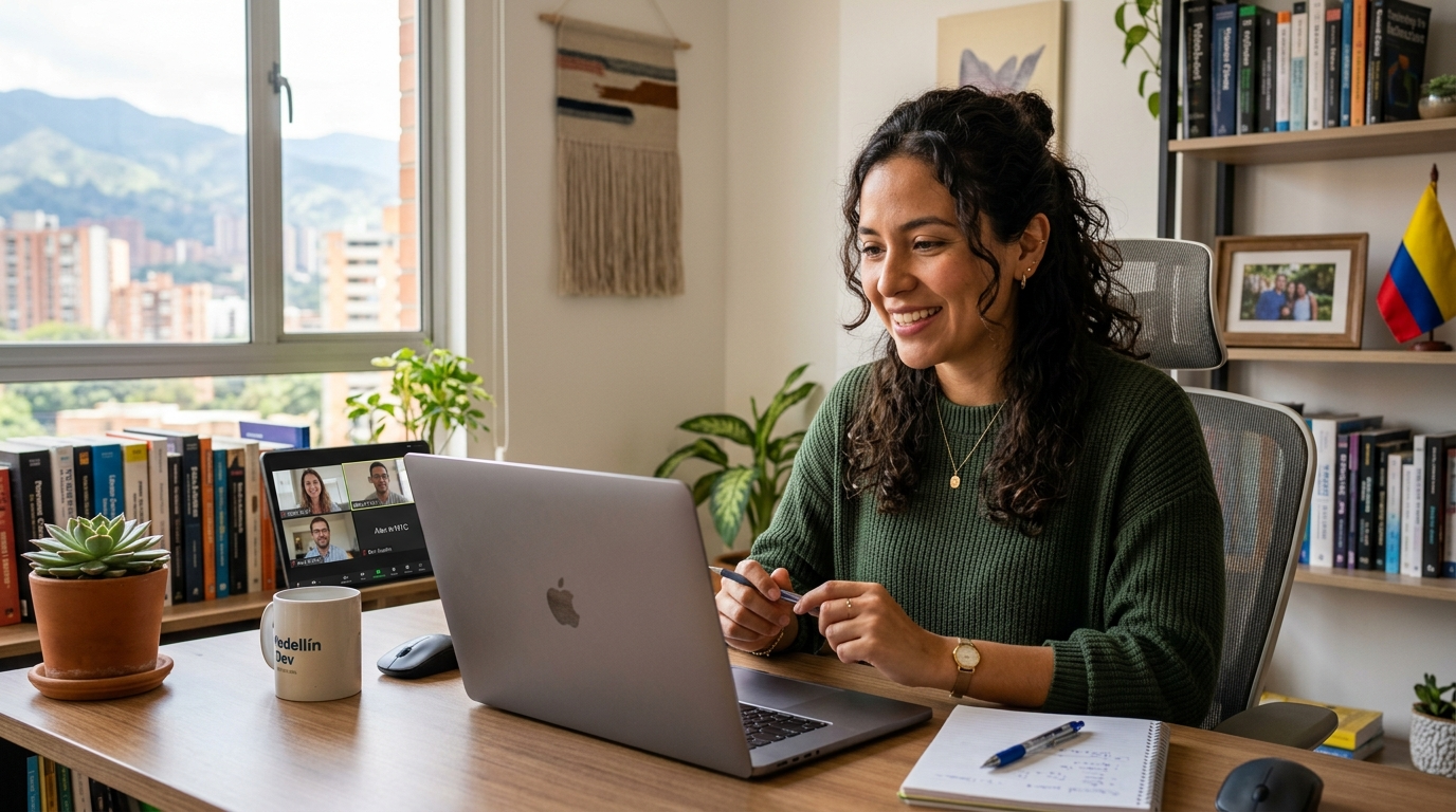 Nearshore software developer on a video call with a US engineering team, showing real-time collaboration across Latin American time zones