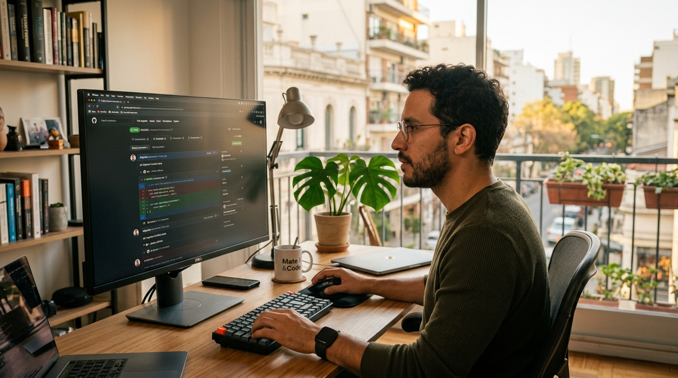 Nearshore software developer in Buenos Aires reviewing code pull requests, demonstrating high-quality technical output at lower nearshore cost