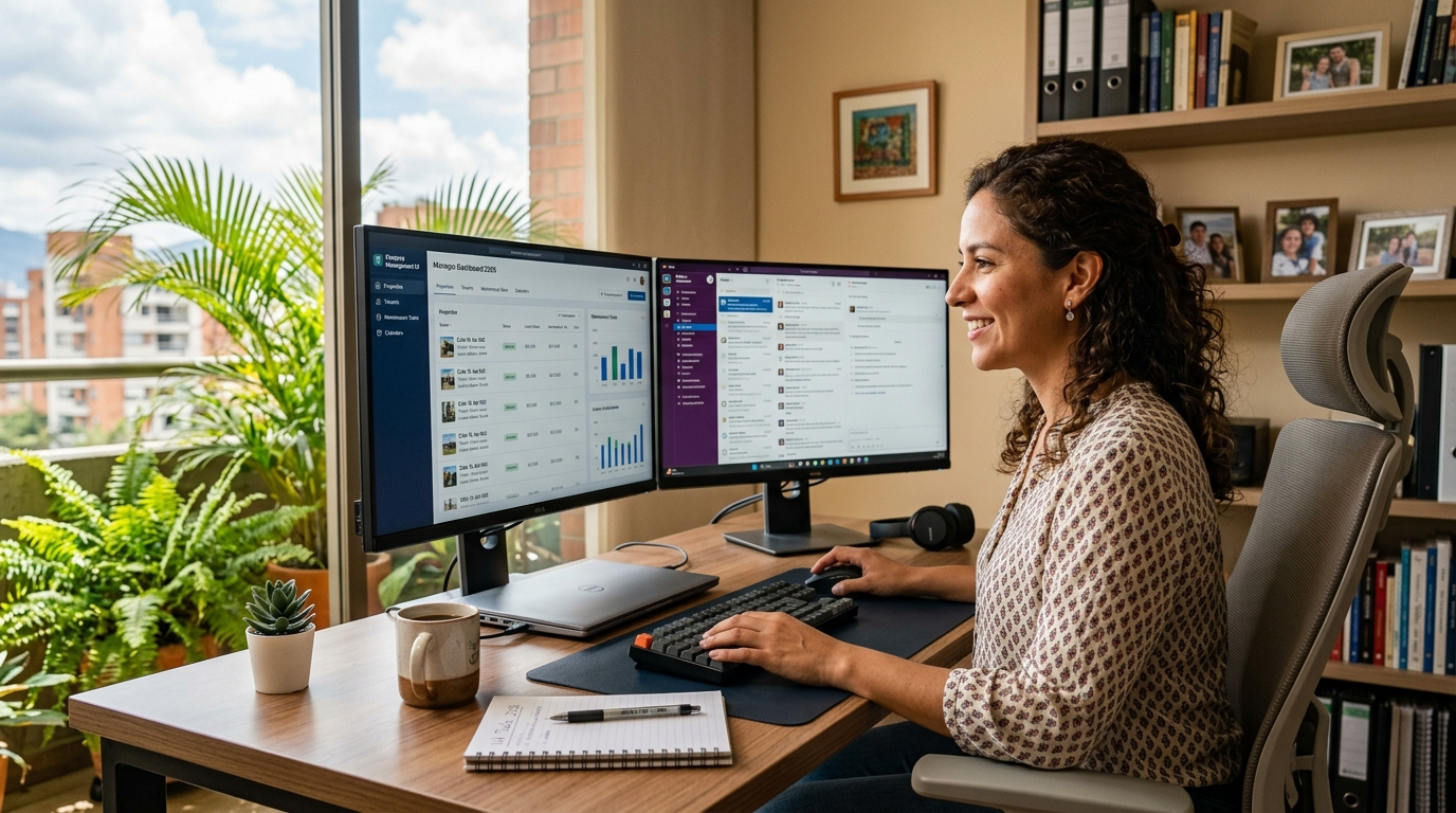 Latin American nearshore virtual assistant working on property management software in 2026, dual-monitor home office setup