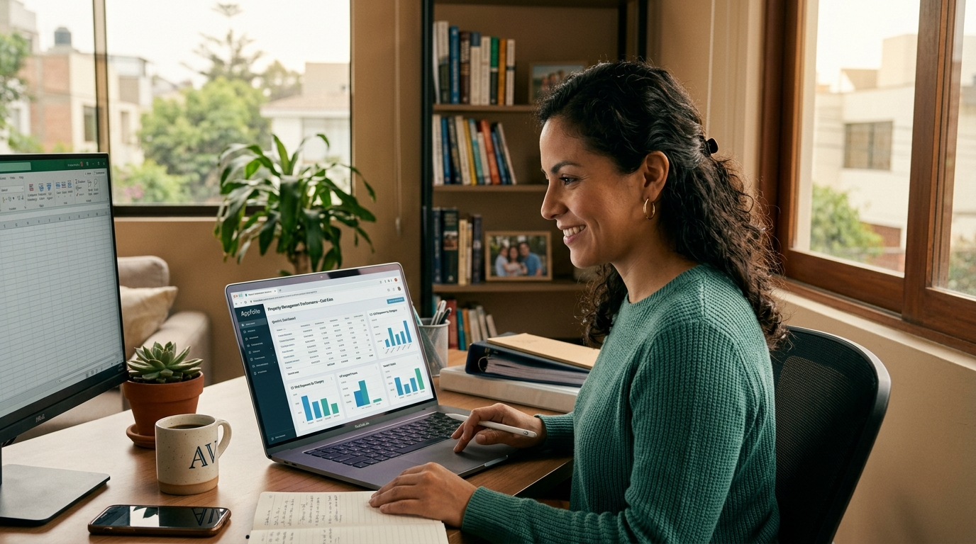 Latin American nearshore VA reviewing property management VA cost data on AppFolio dashboard, home office setting, 2026