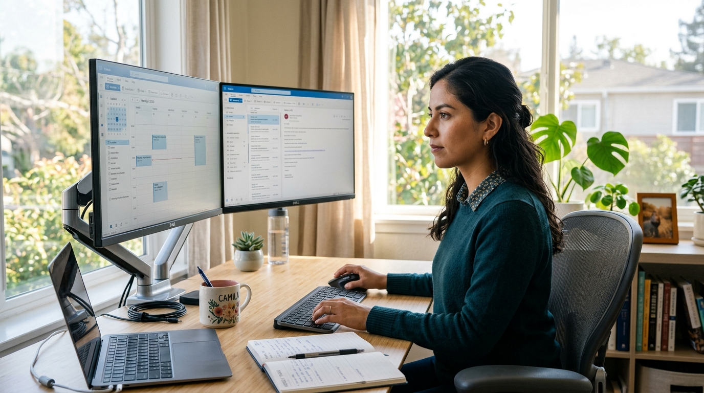 Nearshore remote executive assistant working at a dual-monitor home office desk in Latin America, managing calendar and email for a US client