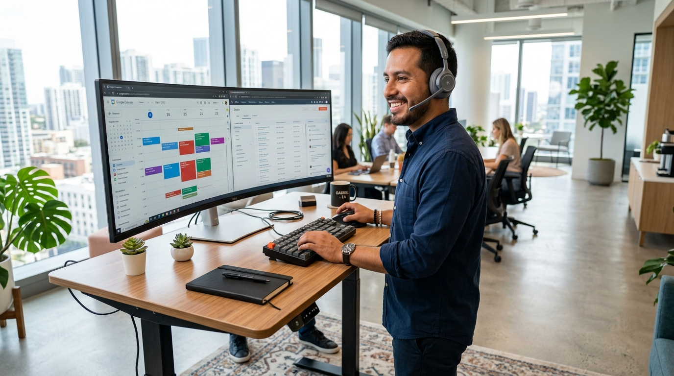 Nearshore remote executive assistant managing CRM and calendar on ultrawide monitor, wearing headset during a US business hours call