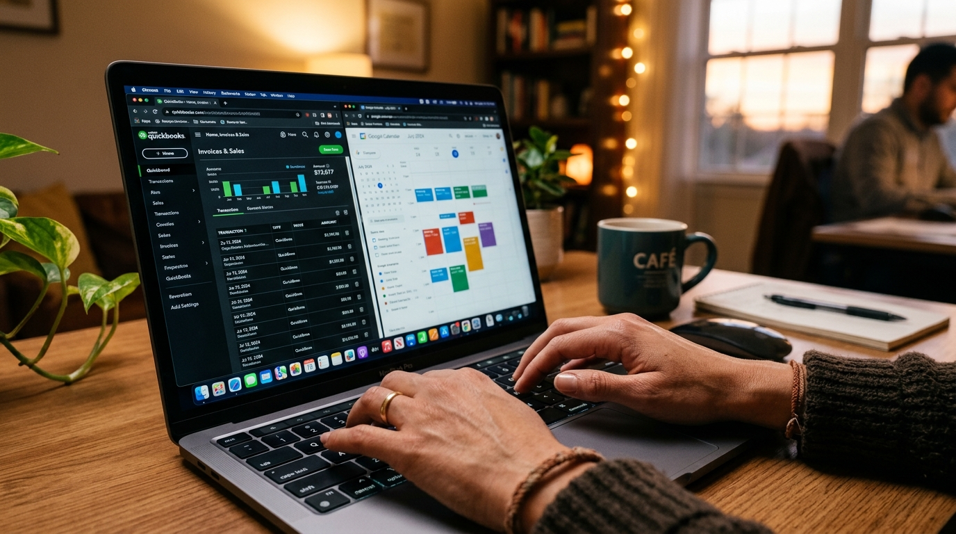 Remote executive assistant in Latin America managing QuickBooks and Google Calendar simultaneously for a US client business