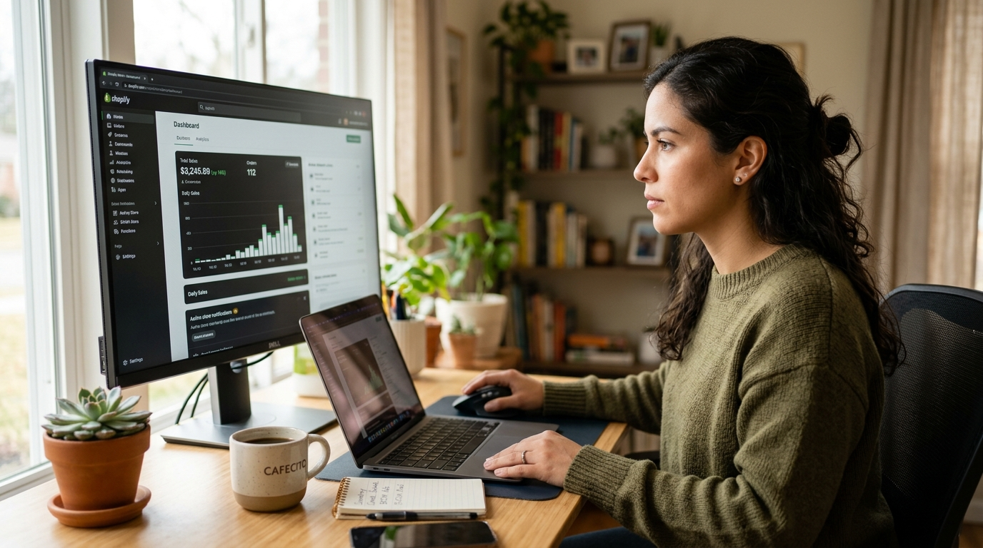 Latin American Shopify virtual assistant reviewing store dashboard — illustrating 2026 VA cost comparison for ecommerce operators