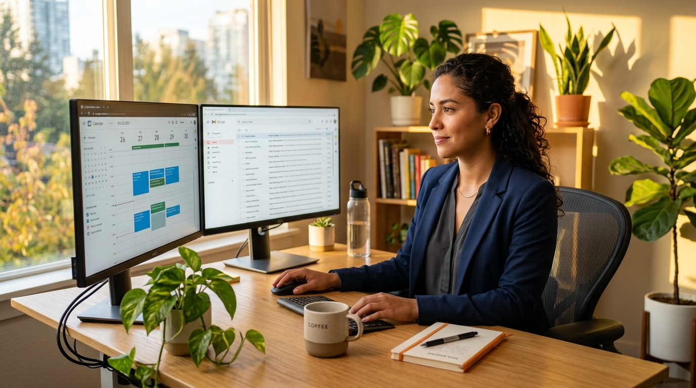 Latin American virtual executive assistant reviewing a business calendar at a home office desk — virtual executive assistant cost 2026