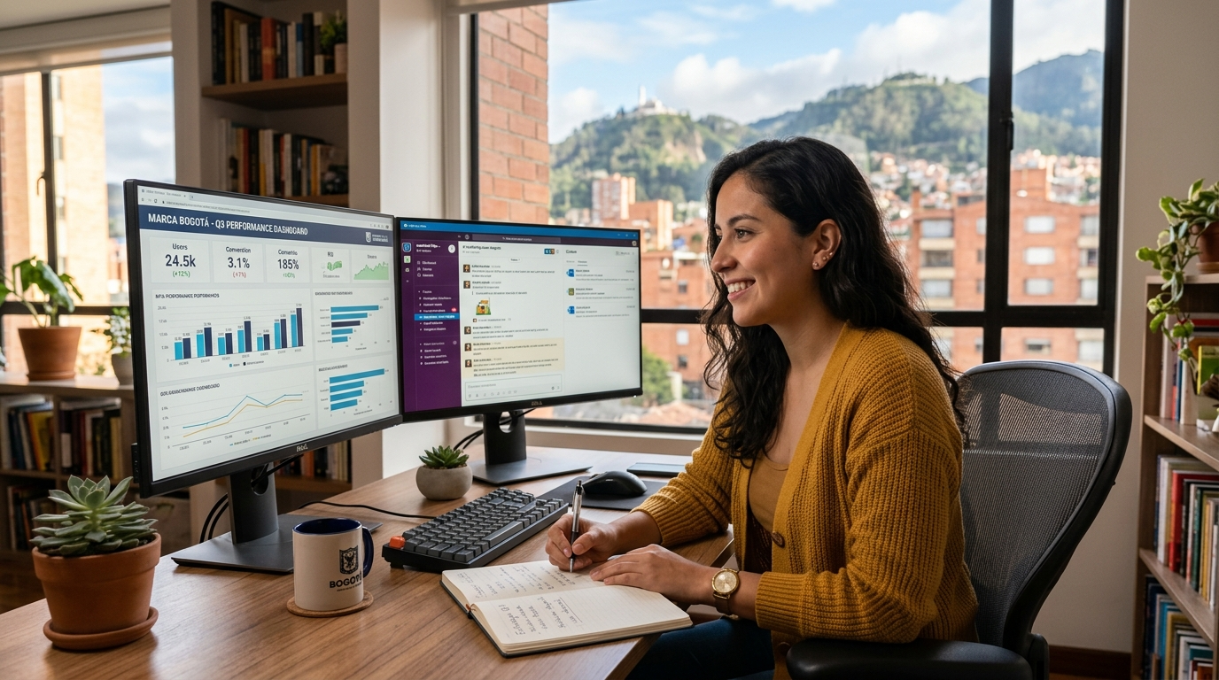 Nearshore virtual marketing assistant reviewing campaign analytics on dual monitors at a Latin American home office