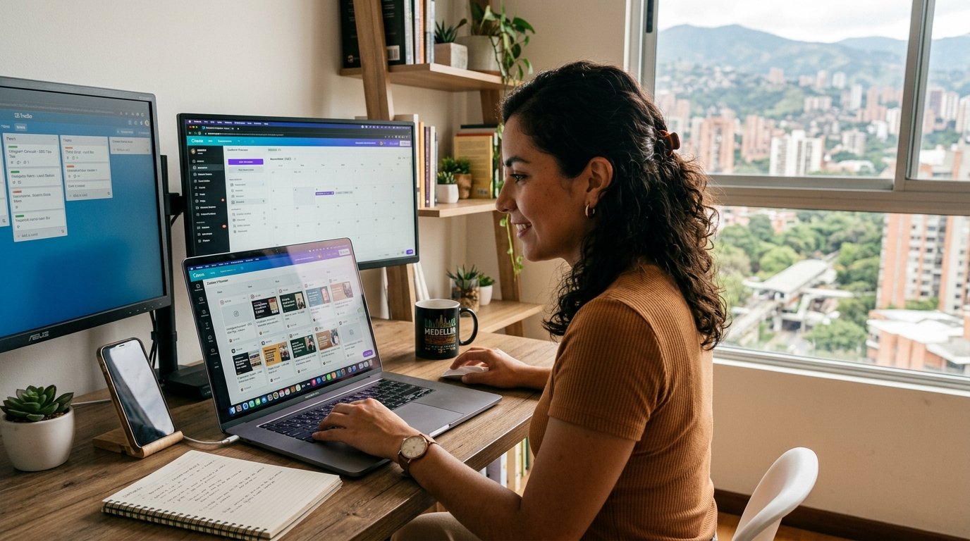 Virtual marketing assistant scheduling social media content in Canva at a Latin American remote workspace