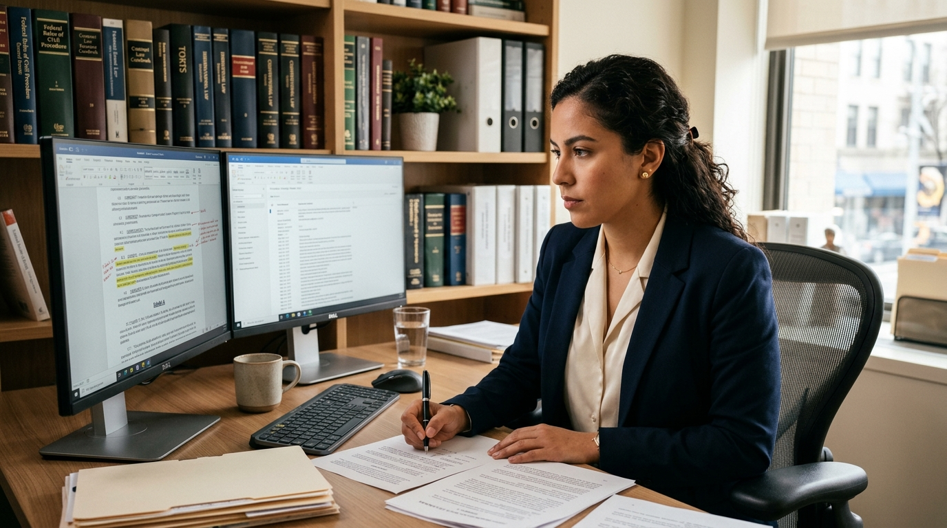 Latin American virtual paralegal reviewing legal documents on dual monitors — virtual paralegal cost 2026 comparison