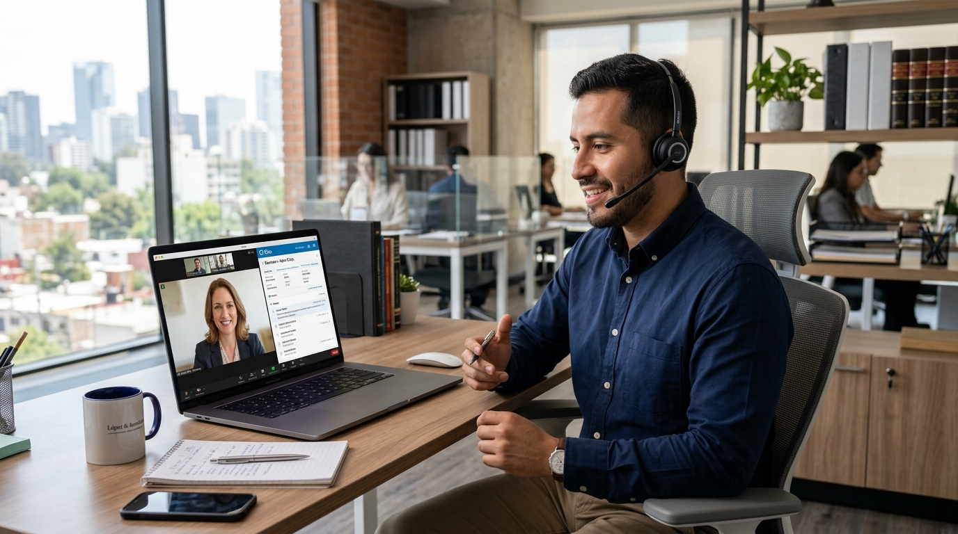Nearshore virtual paralegal on video call with law firm attorney, case management software visible on screen