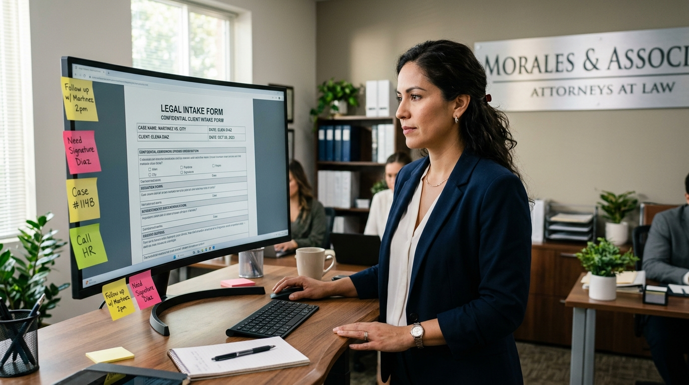 Nearshore virtual paralegal reviewing legal intake documents at modern desk — cost-effective paralegal support for law firms