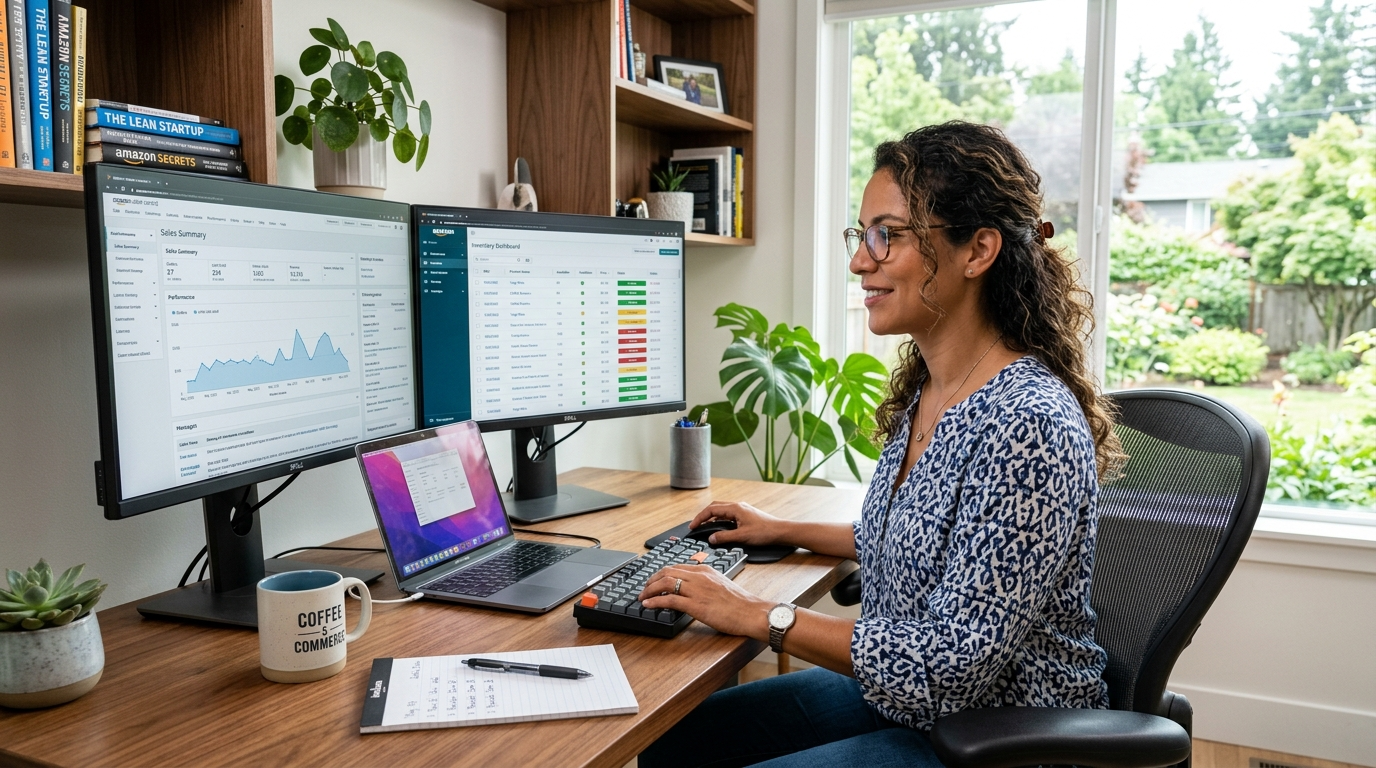 Latin American Amazon virtual assistant reviewing Seller Central listings on dual monitors in a well-lit home office, 2026 cost guide