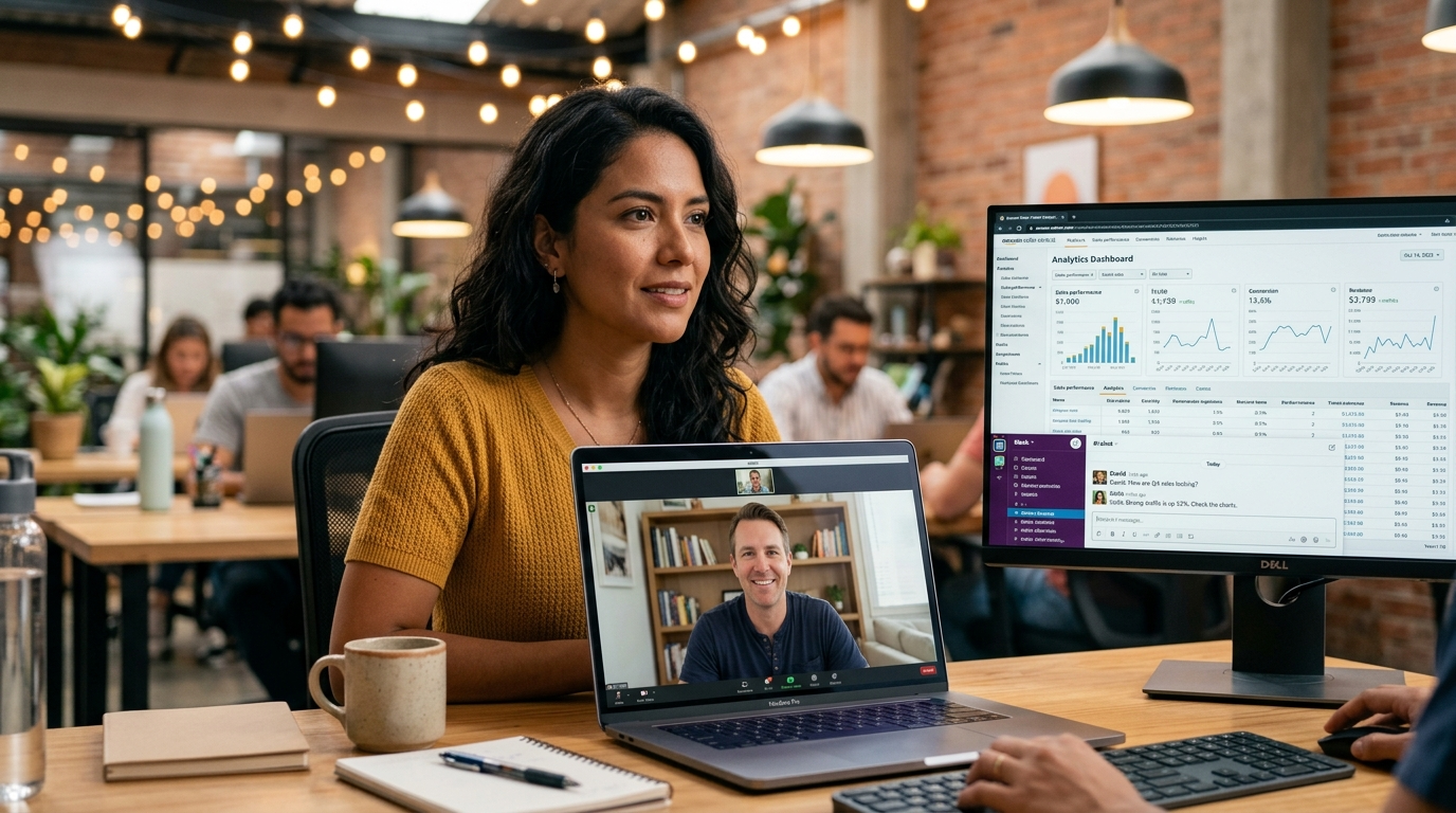 Nearshore Amazon virtual assistant on a video call with a US seller reviewing account analytics, Rose Talent Solutions 2026