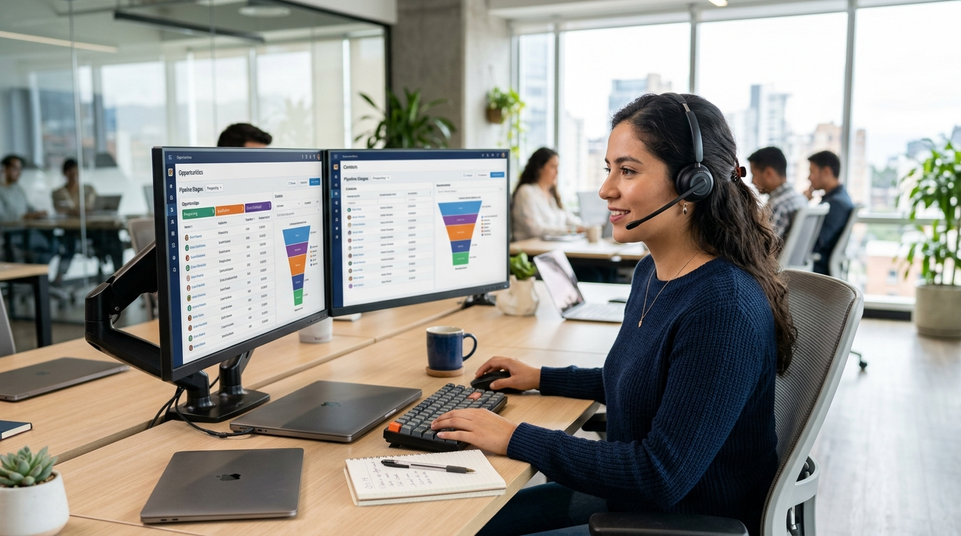Nearshore Latin American sales development rep reviewing CRM pipeline on dual monitors, headset on, bright modern office
