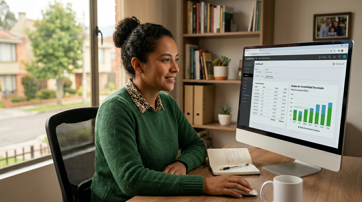 Latin American virtual bookkeeper reviewing outsourced bookkeeping costs on a QuickBooks dashboard for a small business client, 2026