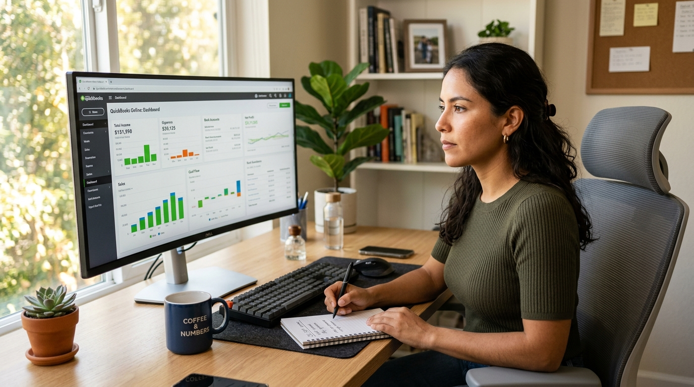 Latin American nearshore bookkeeping VA reviewing a QuickBooks Accountant dashboard on a wide monitor in a modern home office