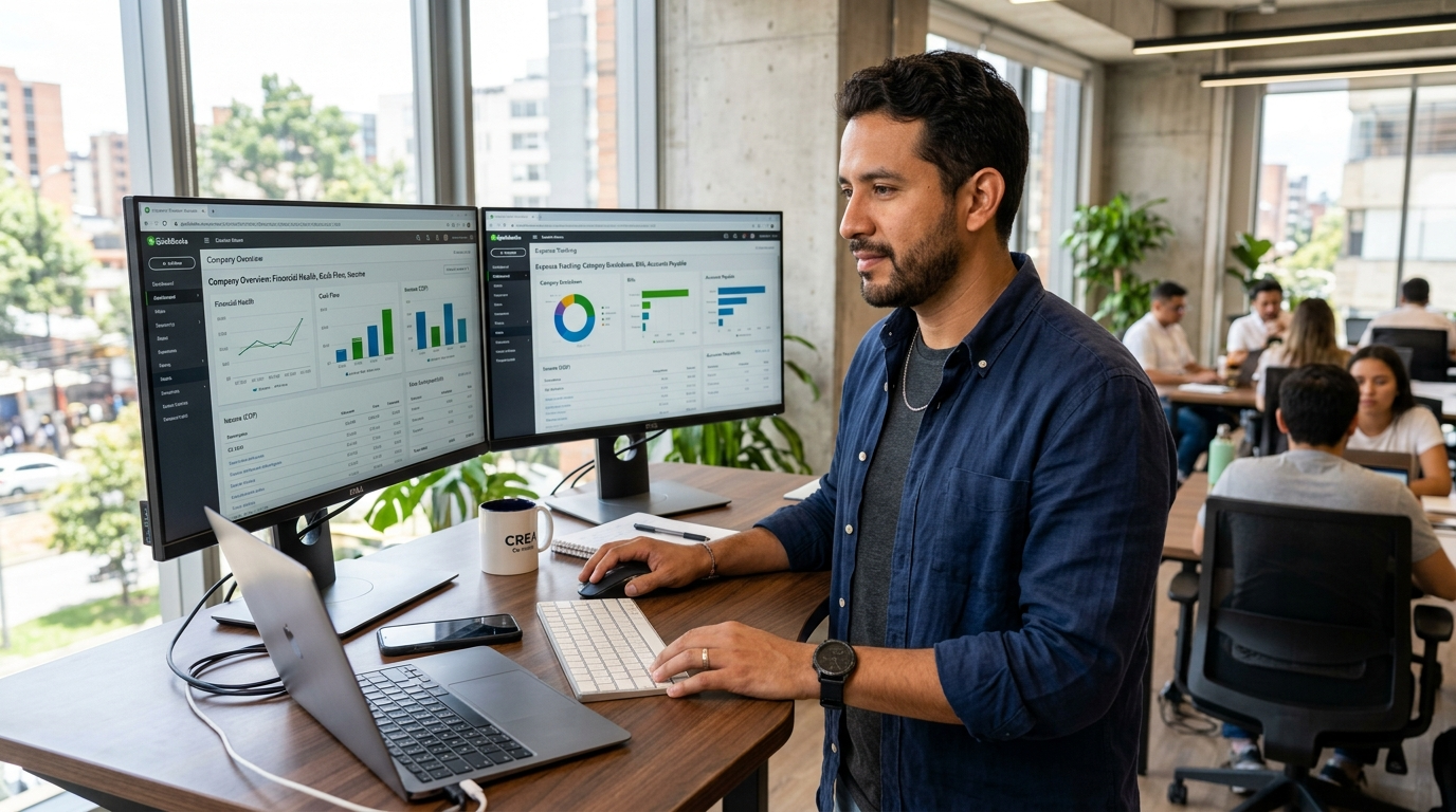 Nearshore QuickBooks VA comparing client accounting dashboards side-by-side on dual monitors in a modern workspace