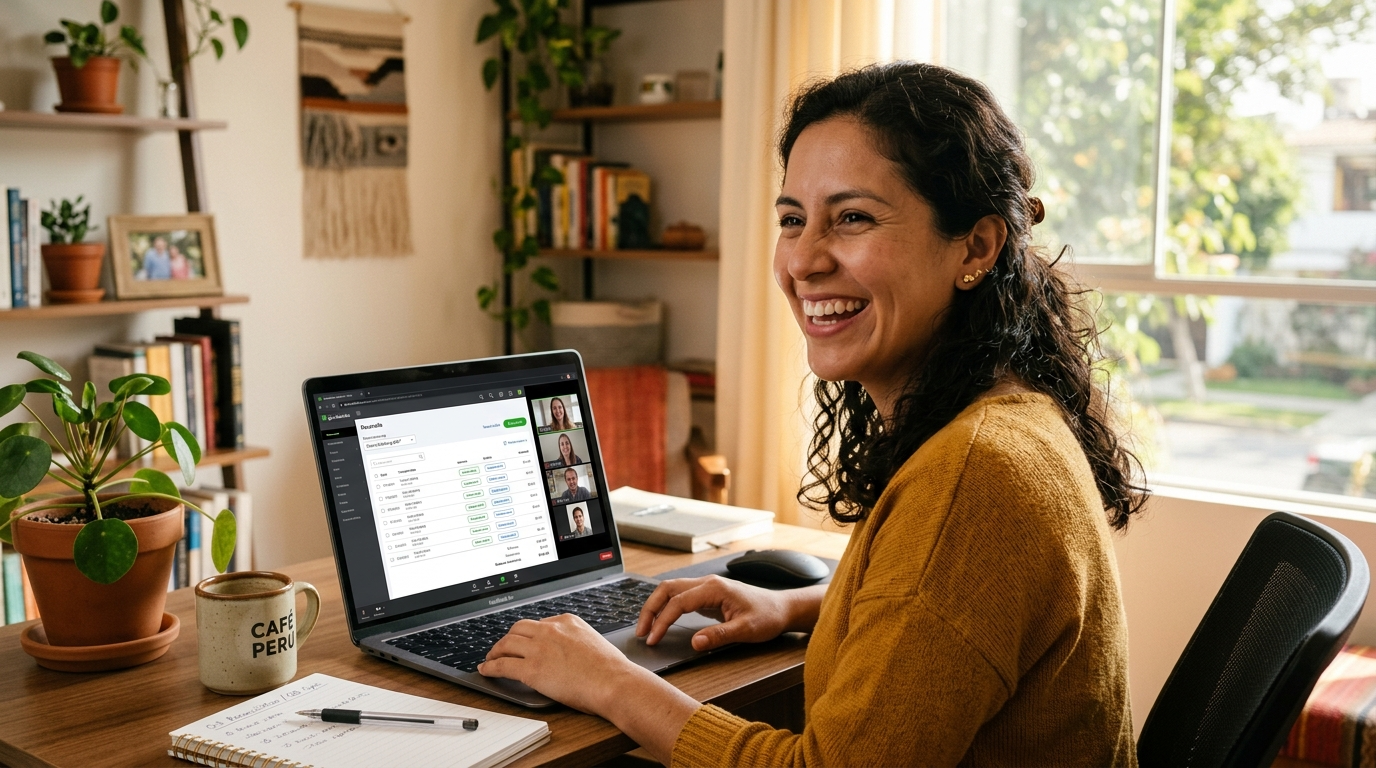 Nearshore QuickBooks-trained VA on a video call with a US client while reconciling accounts in QuickBooks Online