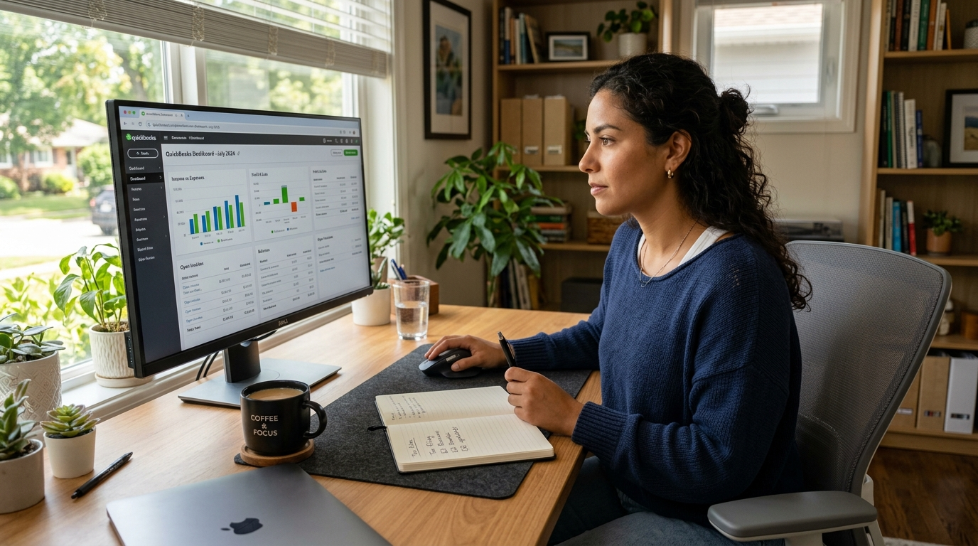 Nearshore virtual bookkeeper reviewing a QuickBooks dashboard at a bright Latin American home office desk