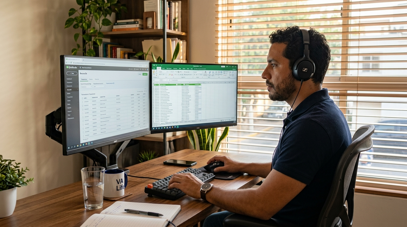 Nearshore QuickBooks bookkeeper working on monthly reconciliation on dual monitors in a Latin American home office
