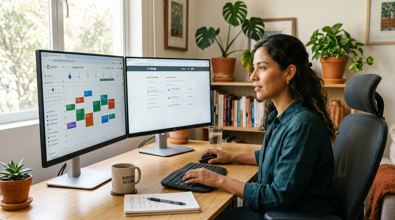 Nearshore virtual executive assistant managing complex calendaring on dual monitors with Google Calendar and Calendly open, home office setting