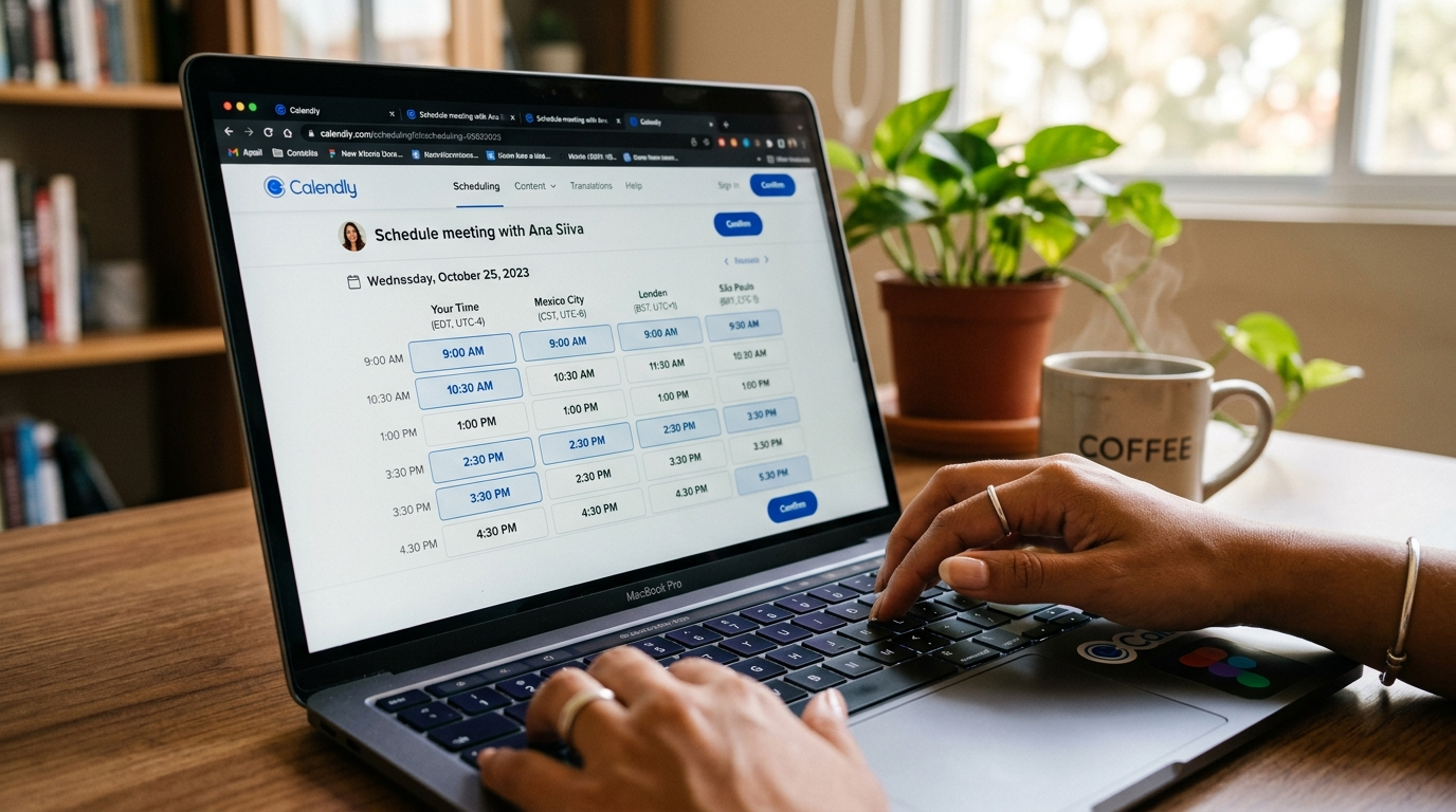 Virtual EA using Calendly to manage complex multi-timezone scheduling for US executive, close-up of scheduling interface