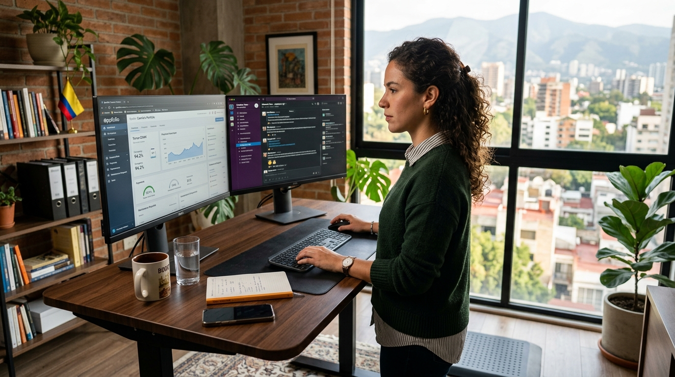 Latin American technical virtual assistant reviewing AppFolio dashboard on dual monitors — hire a technical VA on a coordinator budget