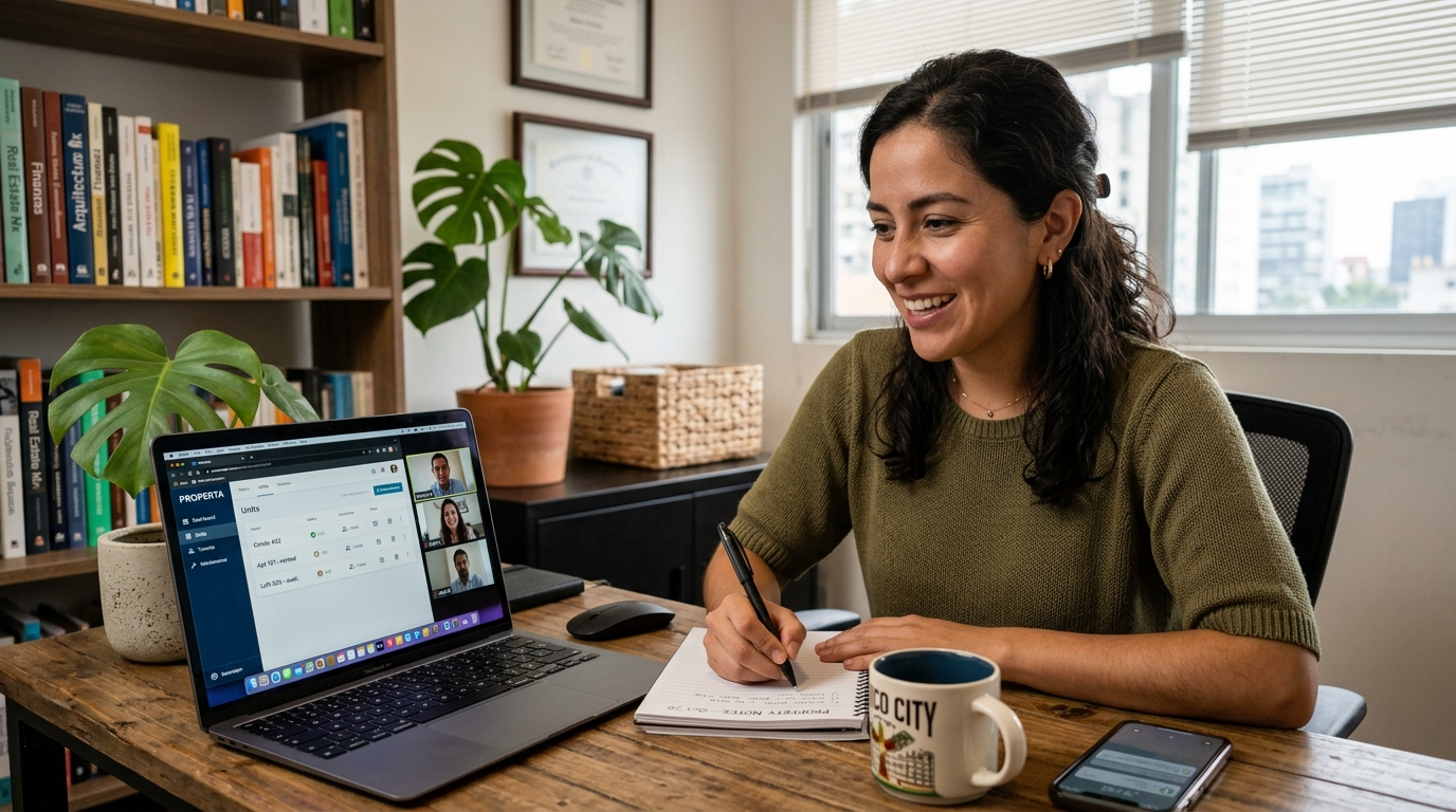 Nearshore Latin American VA on a video call reviewing property management software — technical VA on coordinator budget