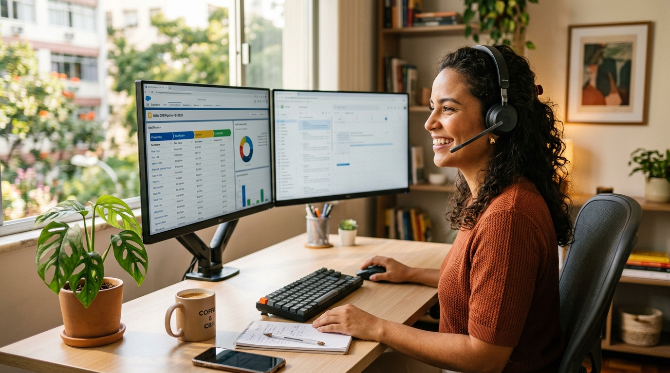 Nearshore virtual appointment setter in Latin America reviewing a CRM pipeline on dual monitors while on a live sales call