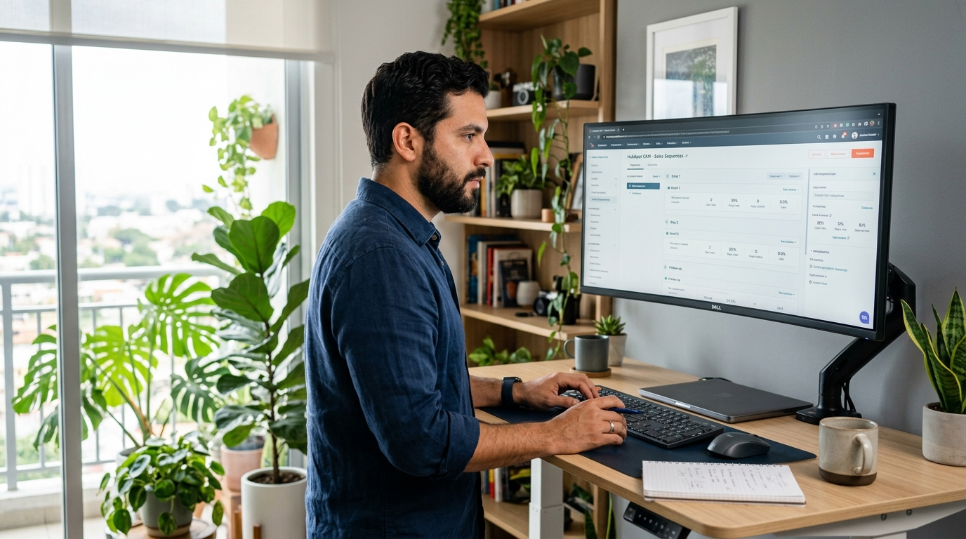 Nearshore virtual appointment setter reviewing a HubSpot outreach sequence on a large monitor in a modern home office
