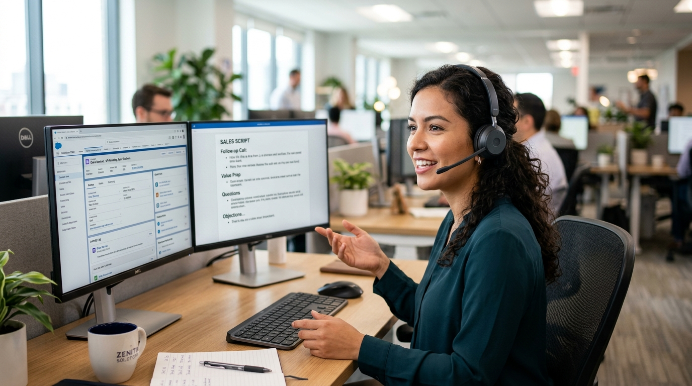 Virtual appointment setter on a live cold call with a CRM contact record and outreach script visible on dual monitors