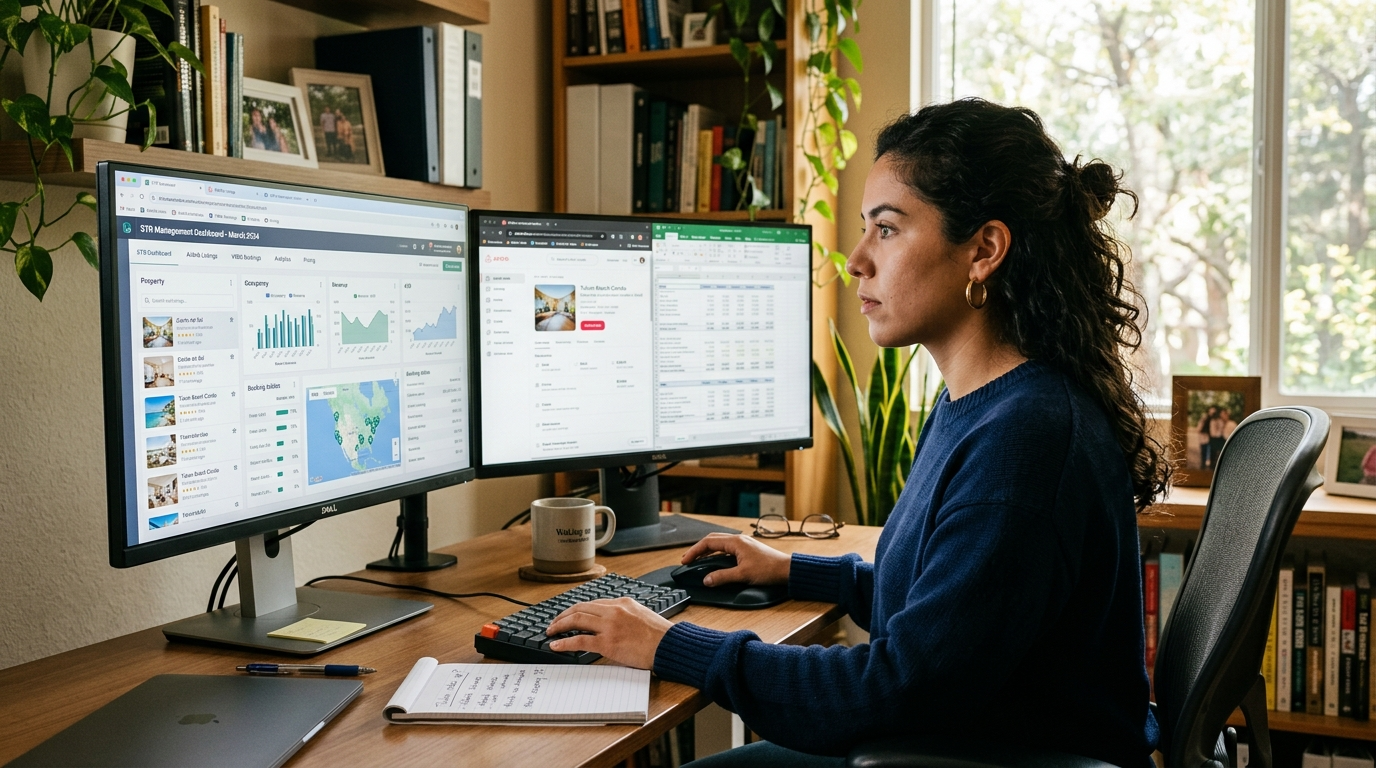 Nearshore virtual leasing agent for short-term rentals managing Airbnb and VRBO listings on dual monitors in a Latin American home office