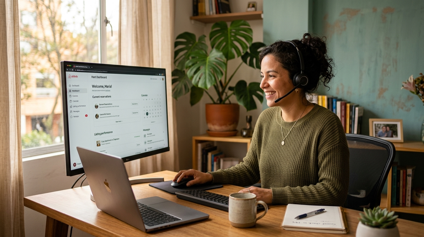 Virtual leasing agent for short-term rentals on headset managing guest communications in Airbnb host dashboard, Latin American home office
