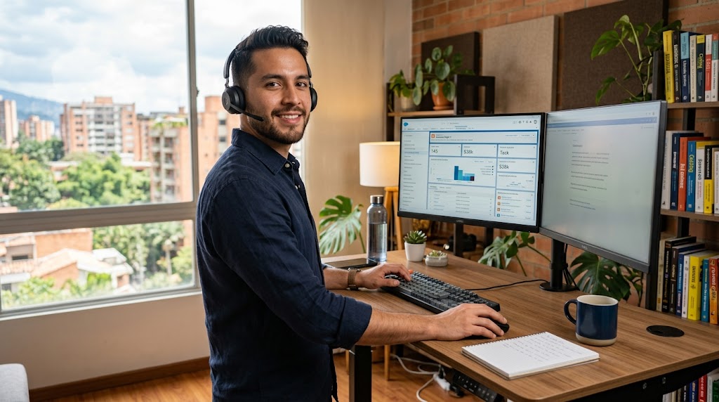 Latin American SDR working US business hours on outsourced SaaS sales development, CRM dashboard visible on dual monitors