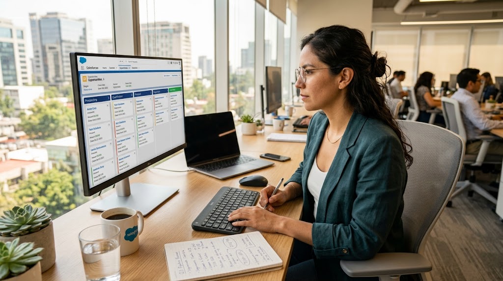 Nearshore Latin American SDR reviewing SaaS pipeline data in Salesforce CRM, natural office lighting