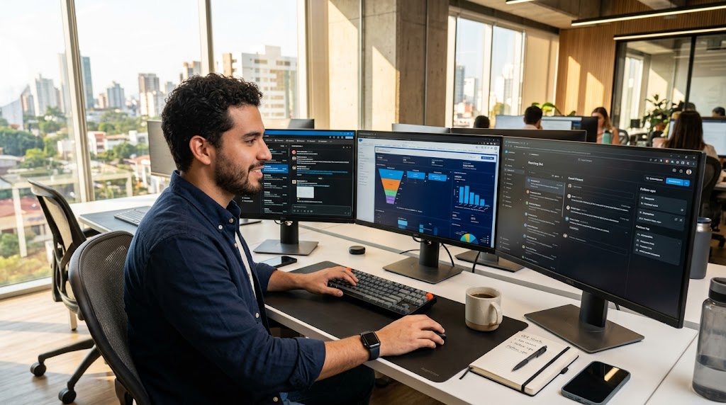 Nearshore SaaS SDR monitoring outbound sequences and pipeline metrics on dual screens, modern home office setting