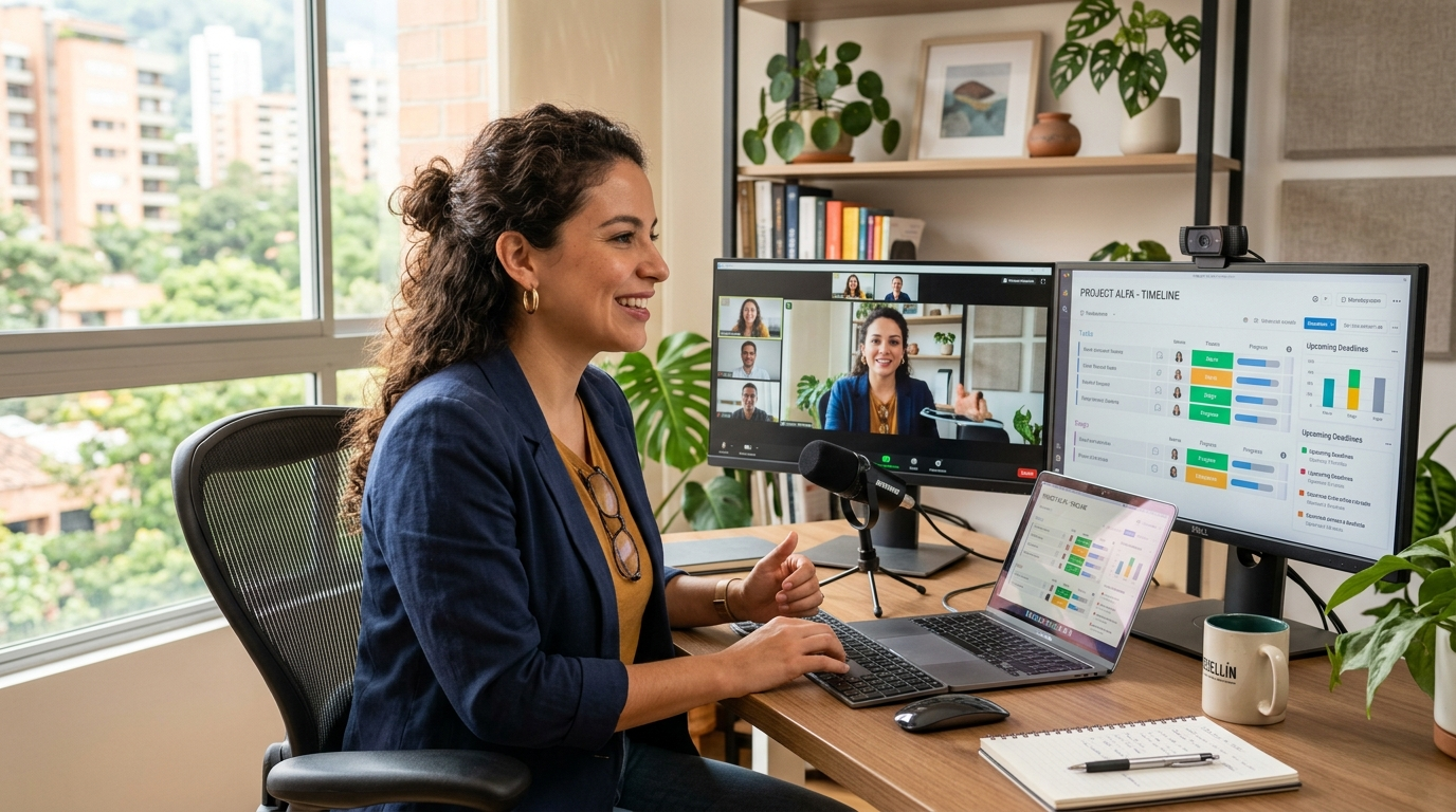Nearshore virtual assistant in Latin America managing remote tasks on dual monitors during a video call with a US client