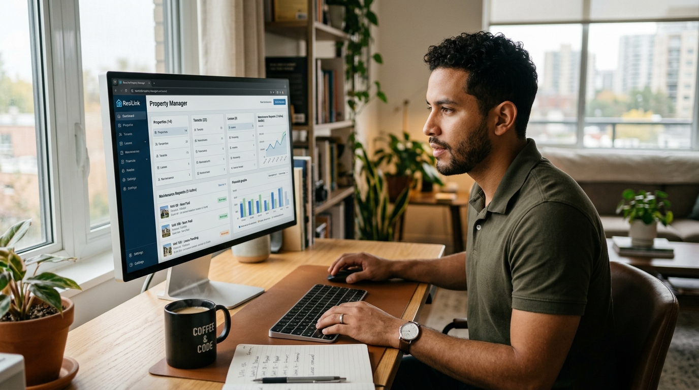Nearshore virtual assistant reviewing property management software dashboard remotely from a Latin American home office