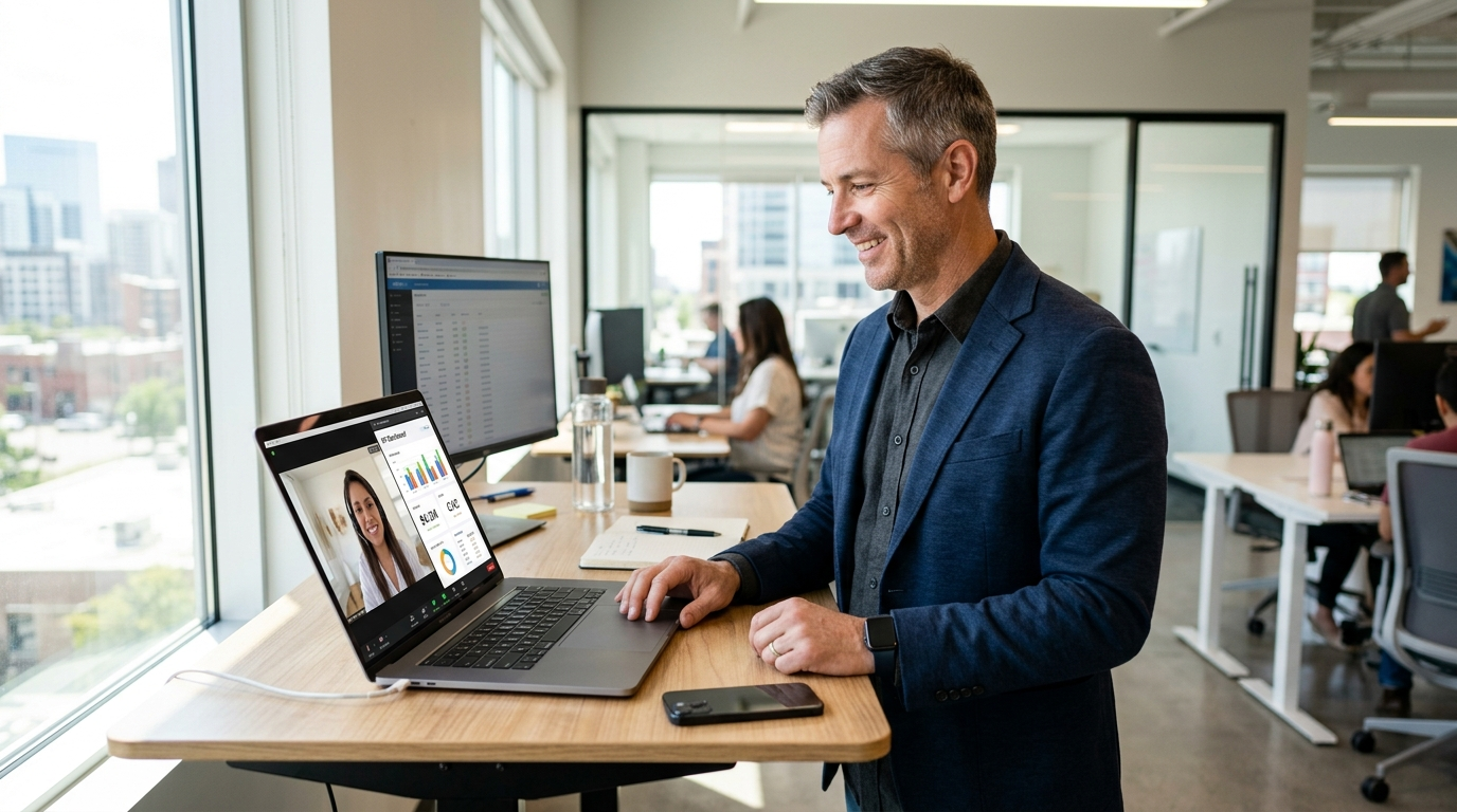 US business owner reviewing KPI dashboard during weekly remote check-in with a nearshore virtual assistant