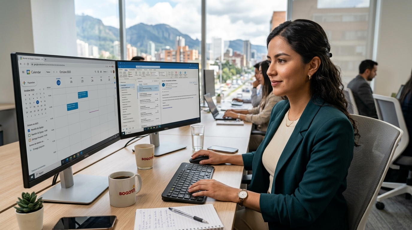Nearshore virtual executive assistant managing calendar and email across time zones on dual monitors in a Latin American home office