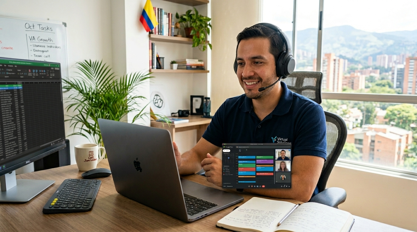 Nearshore virtual EA on video call reviewing shared calendar to manage cross-time-zone scheduling for a US executive