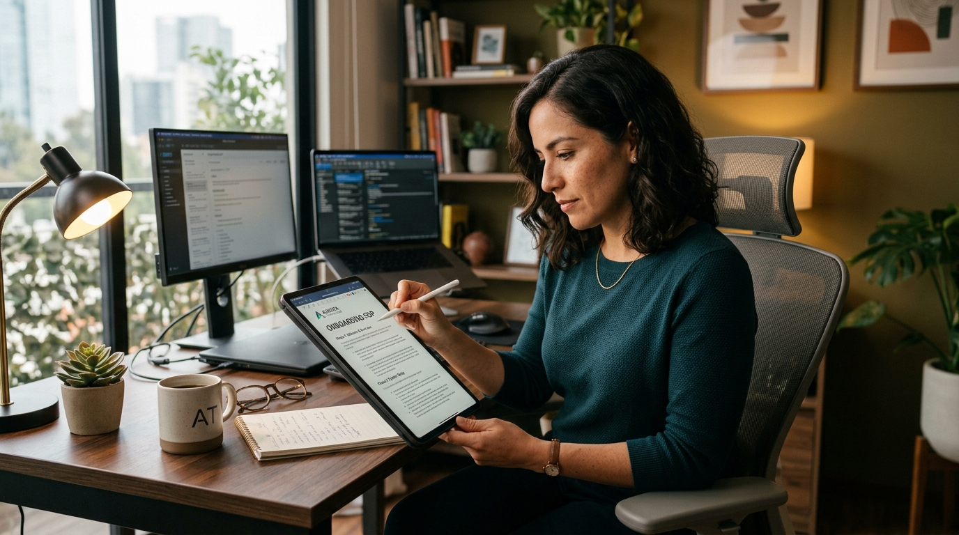 Nearshore virtual executive assistant reviewing onboarding documentation on tablet during first week of remote EA placement